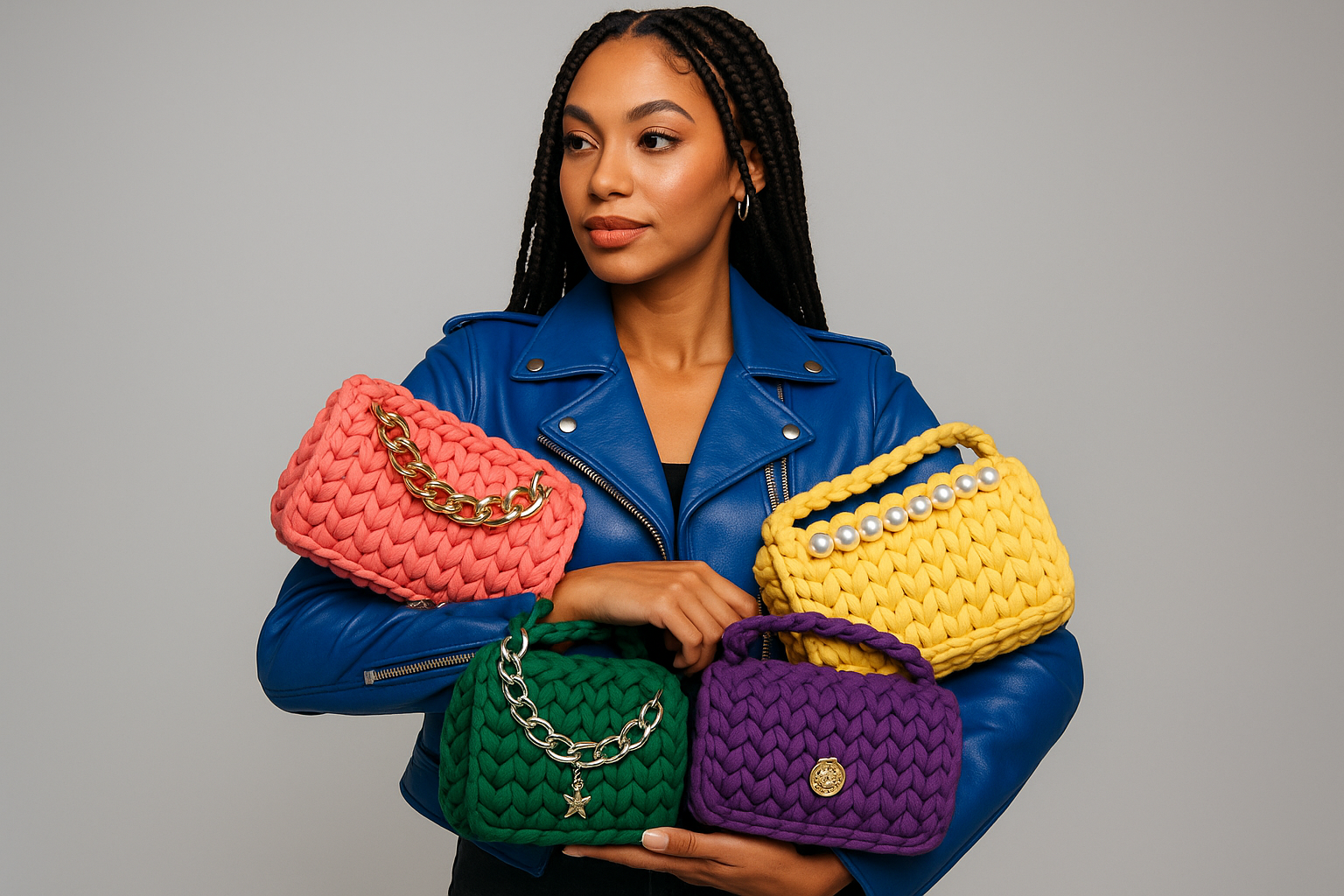 A mixed race lady with braids wearing a blue funky leather jacket showing off a collection of chunky colourful t-shirt yarn bags, some with chains, some with pearls and some with charms, with a grey background