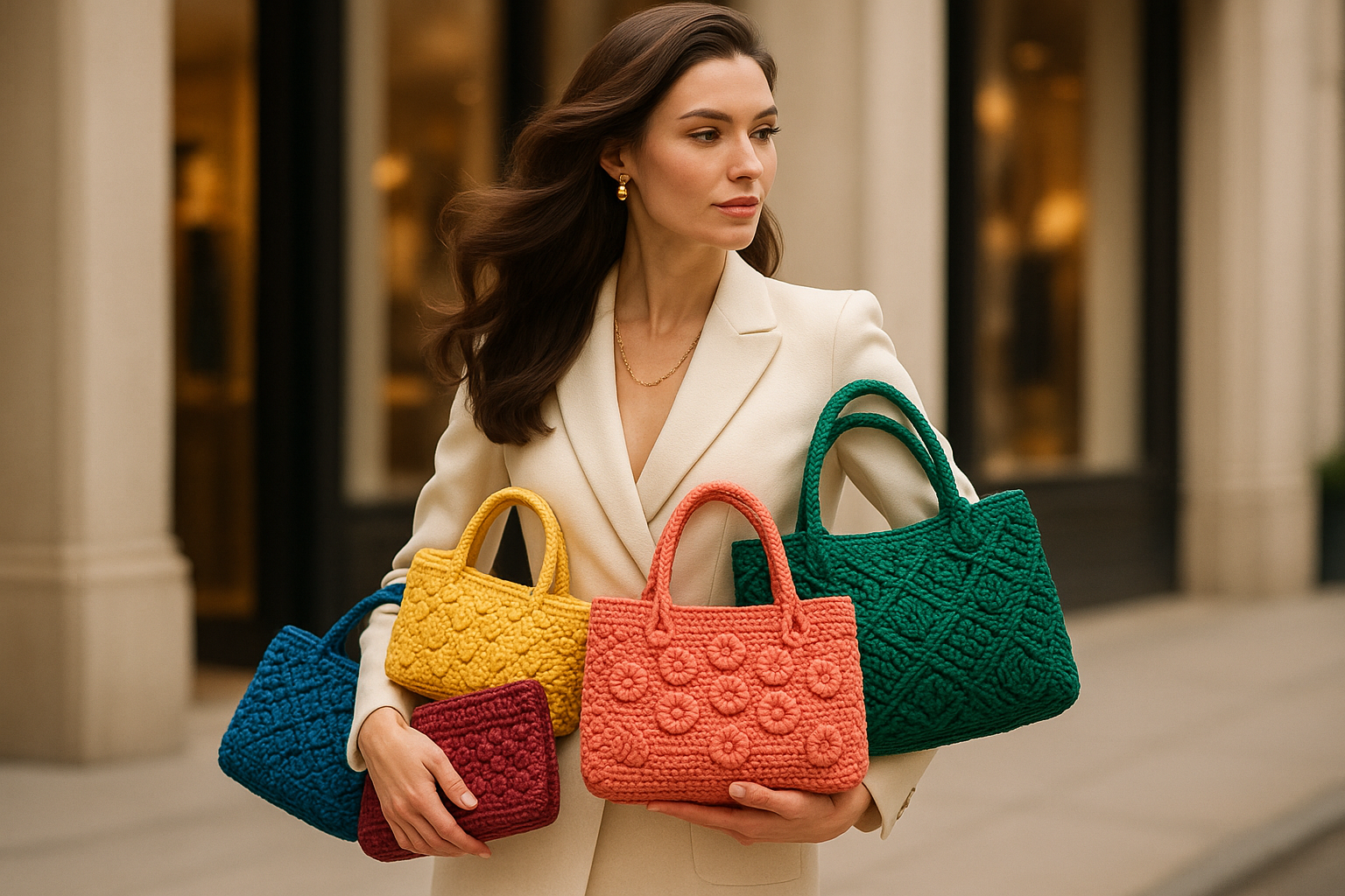 An elegant woman carrying a collection of colourful crochet hand bags
