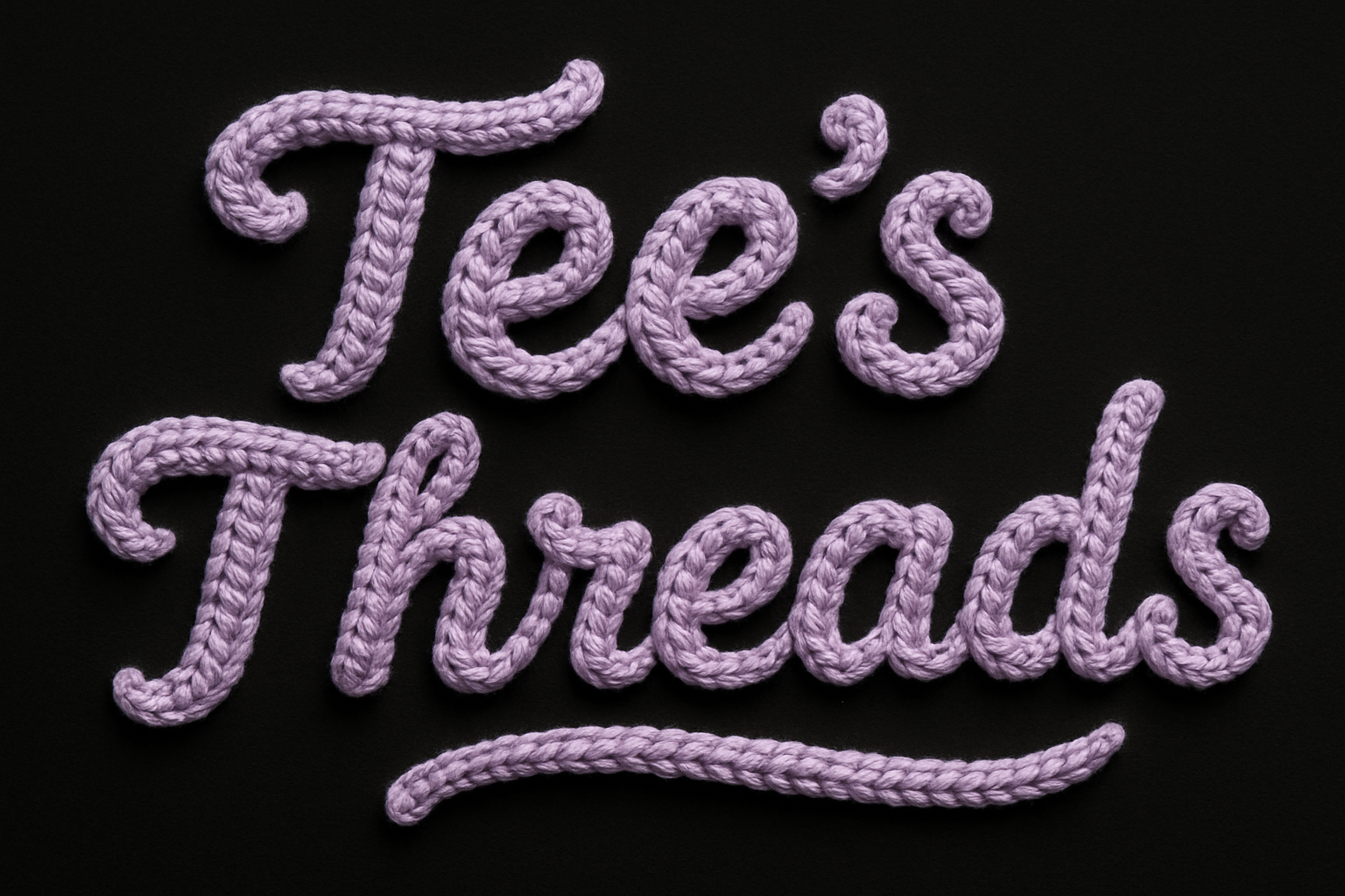 Crochet yarn art forming the words Tee’s Treads in lilac with a black background