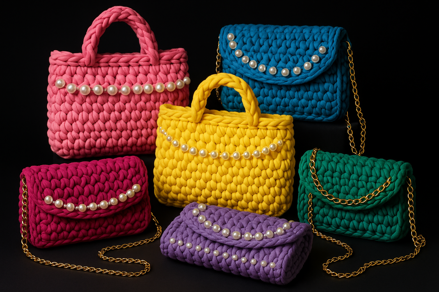 Mixed coloured tshirt yarn bags with pearls and chains and a black background