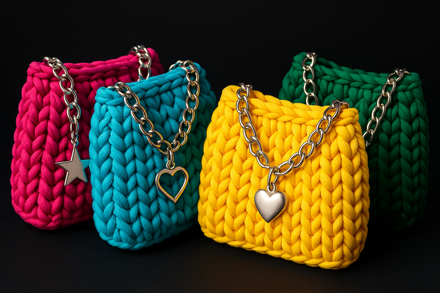 Colourful tshirt yarn bags with stylish chains and charms and a black background 
